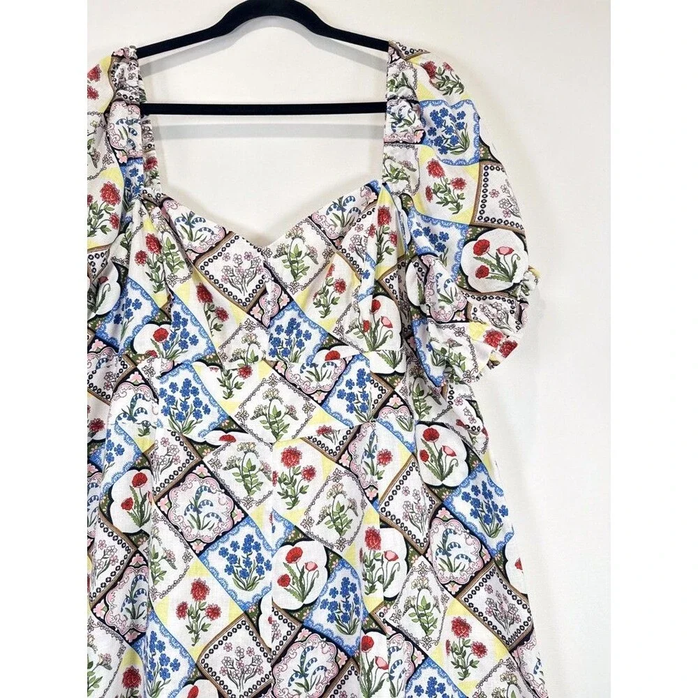 Boden Midi Dress Blue Sweetheart Linen Floral Patchwork Puff Sleeve Boho 20/22